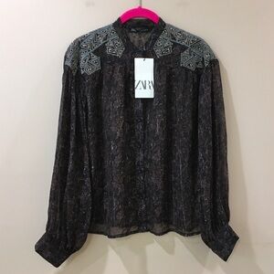 Zara Floral Embroidered Blouse Top Sheer Black Long Sleeve Women’s Small